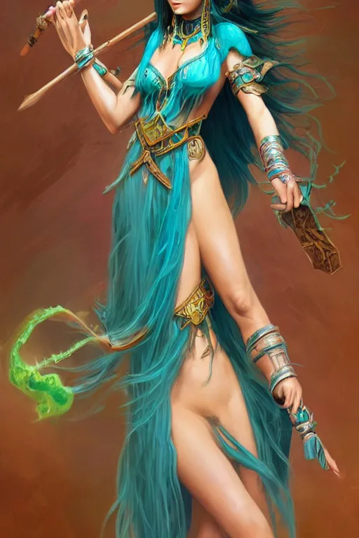Image similar to beautiful sorceress female with teal skin, full body shot, long hair made of algae, egyptian clothing, with a wooden stuff and a crossbow, d & d, fantasy, intricate, elegant, highly detailed, digital painting, artstation, concept art, matte, sharp focus, illustration, hearthstone, art by artgerm and greg rutkowski and alphonse mucha