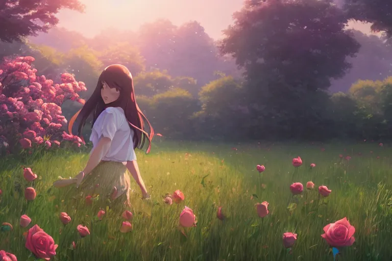 Prompt: girl picking flowers in a field of roses, scenic full shot, ambient lighting, detailed face, by makoto shinkai, stanley artgerm lau, wlop, rossdraws