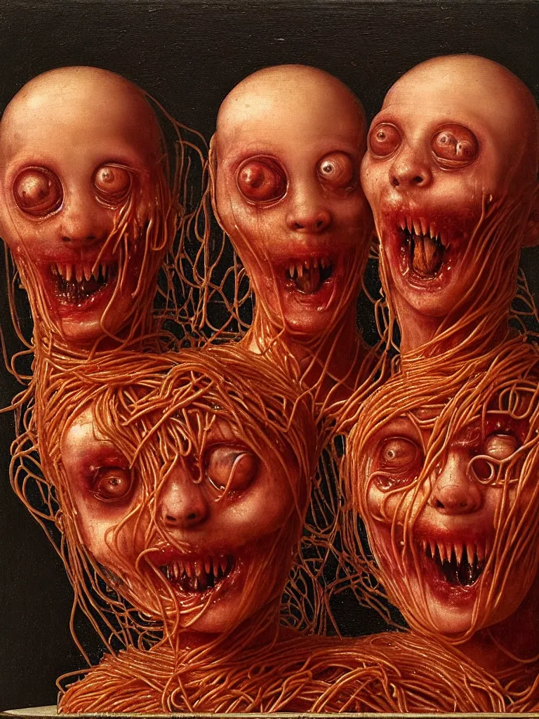 Image similar to siamese twins made of spaghetti sitting in a tub full of tomato sauce, looking straight into camera, screaming in desperation, by giuseppe arcimboldo and ambrosius benson, renaissance, intricate and intense oil paint, a touch of joseph cornell, beksinski and hr giger and edward munch, realistic