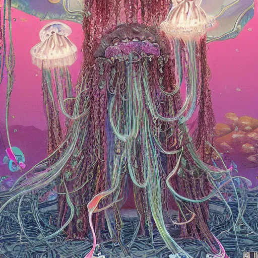 Prompt: A painting of priestesses worshipping at the jellyfish temple, shrouded in mist, jellyfish god, jellyfish priestess, jellyfish shrine maiden, 8K, illustration, art by Kyuyong Eom, smoke, undersea temple with fish, cinematic, insanely detailed and intricate, hypermaximalist, elegant, super detailed, award-winning, magenta and crimson and cyan, rainbow accents, iridescence, bioluminescence, mysterious, ancient, ritual, trending in cgsociety, artstation HQ, ornate, elite, haunting, matte painting, beautiful detailed, insanely intricate details, dreamy and ethereal, otherworldly