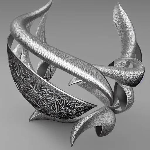 Prompt: abstract fractal shapes of jewels and silver, beautiful abstract sculpture with realistic render, high definition, octane, unreal 5, 3 d reflections
