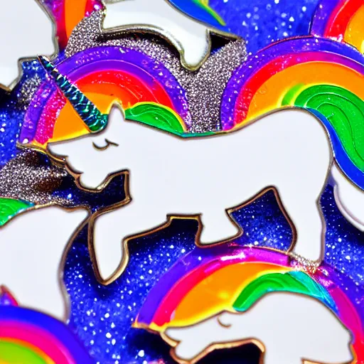 Image similar to glitter enamel pin of a white unicorn with rainbow mane, product photography