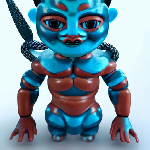 Image similar to closeup 3 d toy maori god as funco toy, plastic, sss, octane 4 k render, studio lighting, artstation, cyan photographic backdrop, 1 0 5 mm, f 2. 8 aperture