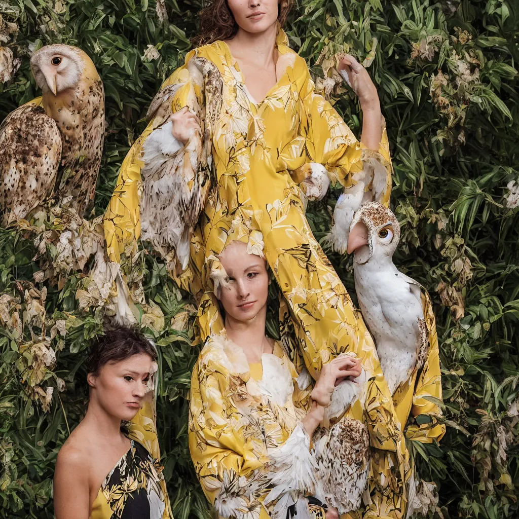 Image similar to head to shoulder portrait film photograph of an elegant top model wearing a yellow kimono with a very detailed barn owl on her shoulder!!! in a tropical greenhouse. looking at the camera!!. super resolution. 85 mm f1.8 lens.bokeh. graflex. by Alessio albi !