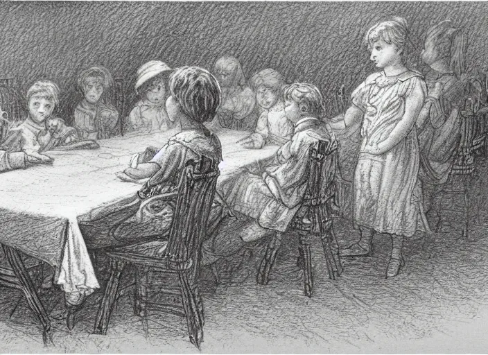 Prompt: an ms paint children's drawing doodled on a napkin by gustave dore