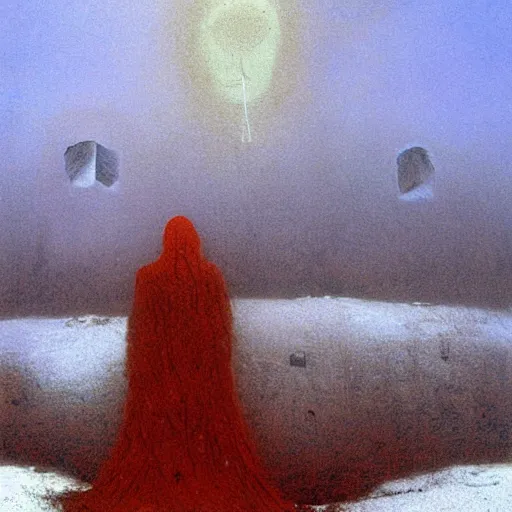 Prompt: a surrealist painting of a lonely woman with white skin and red hair standing over pile of bodies in post apocalyptic snowy landscape, painted by beksinski