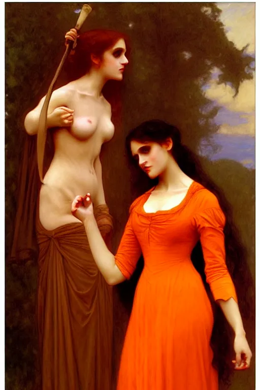 Image similar to victorian vampire in orange dress, painting by rossetti bouguereau, detailed art, artstation