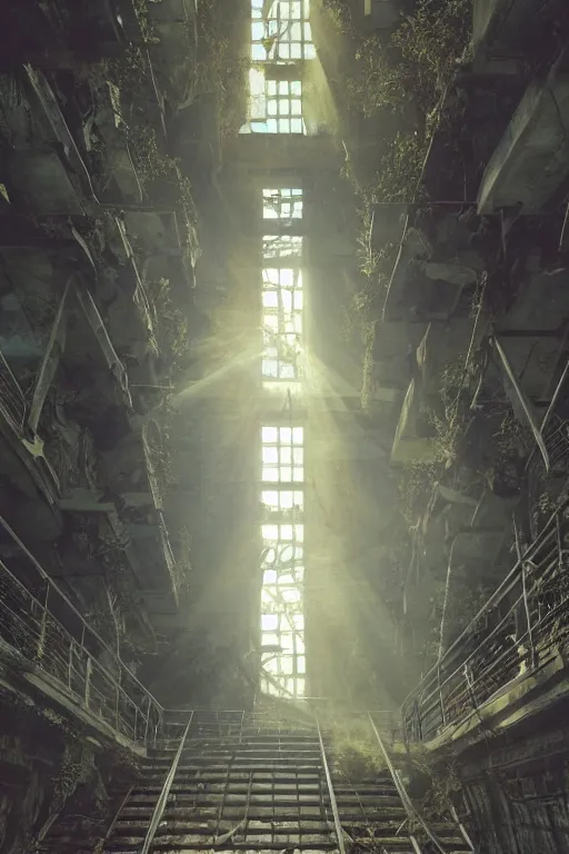 Image similar to i climb up on the endless stairs inside this decayed hitech brutalist building, rays of lights breaking through the holes in the walls, ruined litter, monumental, global illumination, by rhads and ferdinand knab and makoto shinkai and alphonse mucha