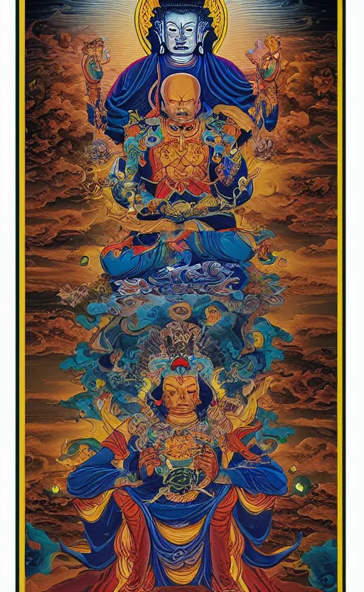 Image similar to Buddhist Tarot Card of Death and Rebirth, Dan Mumford Jeff Simpson Simon Bisley, Thangka