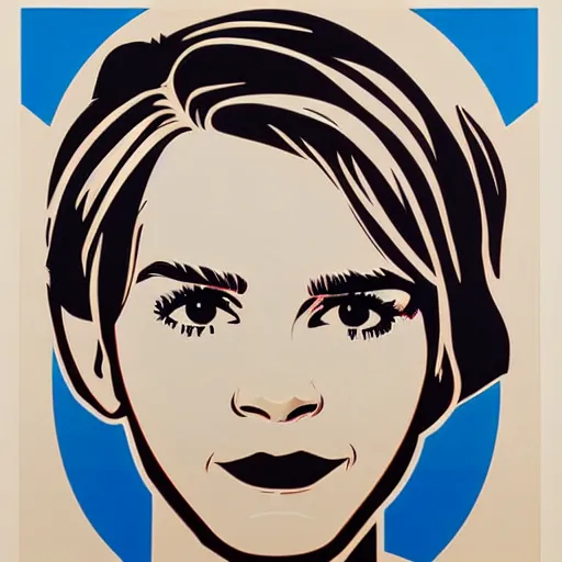 Prompt: stylized stencil portrait of emma watson ( colored red, beige, light blue, dark blue ) by shepard fairey, mannie garcia ( 2 0 0 8 )