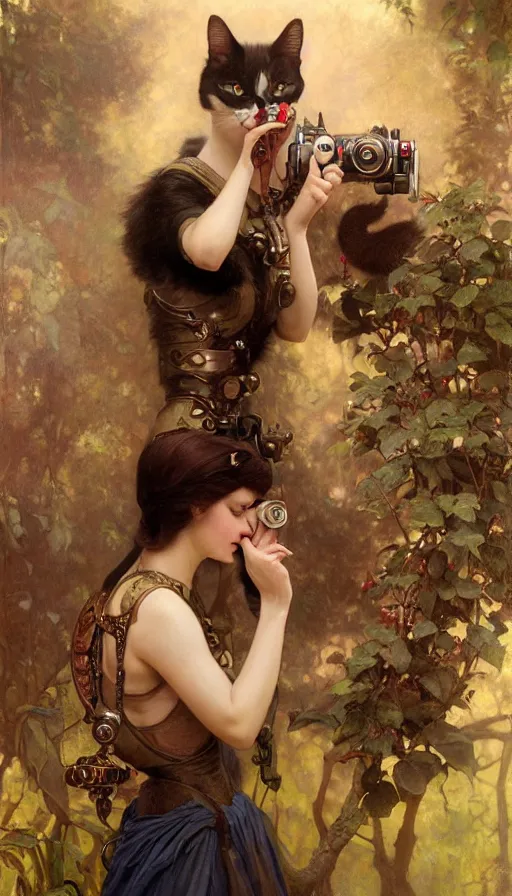 Image similar to hyper realistic photographer taking a picture of a cat, magical, steampunk, painted by tom bagshaw, mucha, gaston bussiere, craig mullins, j. c. leyendecker 8 k