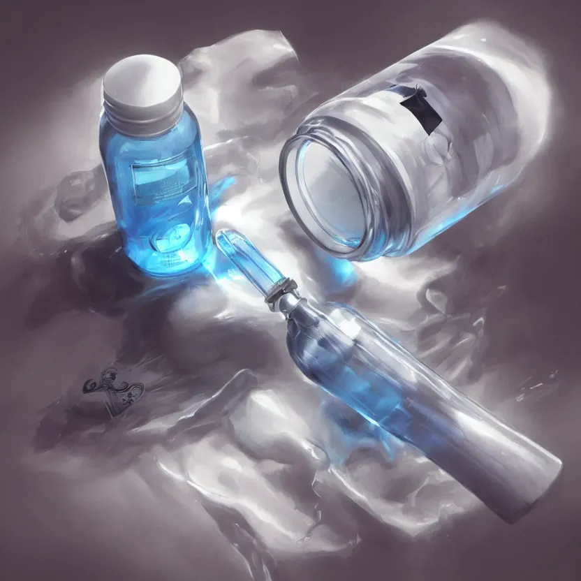 Image similar to concept art of white dietary supplement designed by porsche in a transparent bottle with big black sticker on it, by aenaluck, artgerm and roberto ferri and greg rutkowski, light blue and white tones, digital painting, artstation, concept art, smooth, sharp foccus ilustration hq