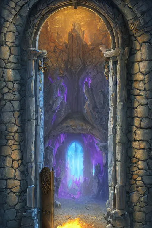 Prompt: matte glossy illustration painting of stone steps fantasy leading do a gothic doorway burning portal, artstation by emilia dziubak, will terry, greg olsen, chris mars, ann long, and mark brooks, gret ritkowski dramatic, architecture, colorful warcraft architecture