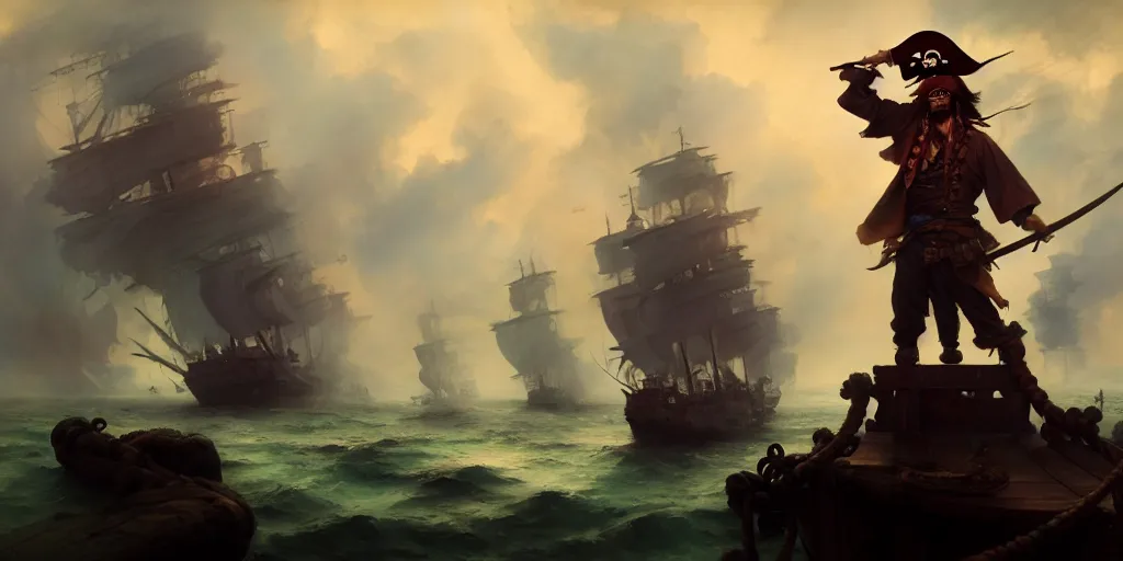 Image similar to a pirate standing on the nose of the ship commanding to his crew to attack another ship, psychedelic mushroom colors everywhere, extremely detailed digital painting, in the style of fenghua zhong and ruan jia and jeremy lipking and peter mohrbacher, mystical colors, rim light, beautiful lighting, 8 k, stunning scene, raytracing, octane, trending on artstation