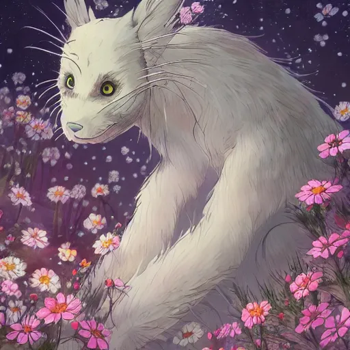 Prompt: detailed spirit creature with eyes in the flowers at night made by studio ghibli, beautiful scene, detailed, high quality, high details, smooth, ghibli artstyle, 8 k, guy