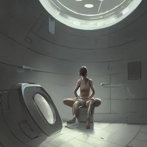 Prompt: concept art by greg rutkowski, a very tall, and slender woman, wearing utilitarian jumpsuit, sitting in the giant washing machine with circle window, brutalist futuristic interior, dark lighting atmosphere, detailed portraits, nostalgic atmosphere, scifi, digital painting, artstation, concept art, smooth, sharp foccus ilustration, artstation hq