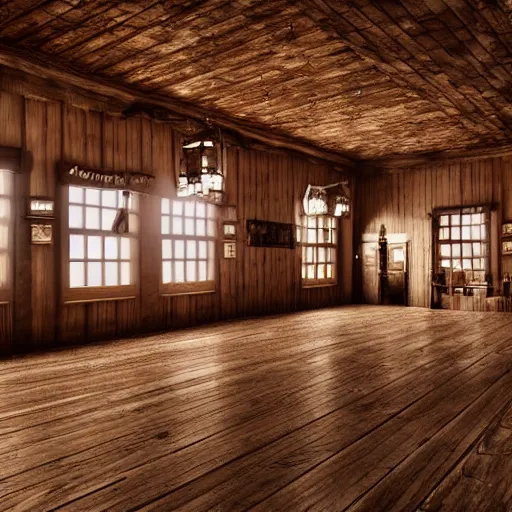 Image similar to Empty Old West Saloon at the break of day, dust particles in the air, god beams coming through the windows, hyper realistic, HD, DLSR Camera, Rococo style