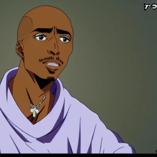 Image similar to Tupac Shakur, screenshot from a 2012s anime