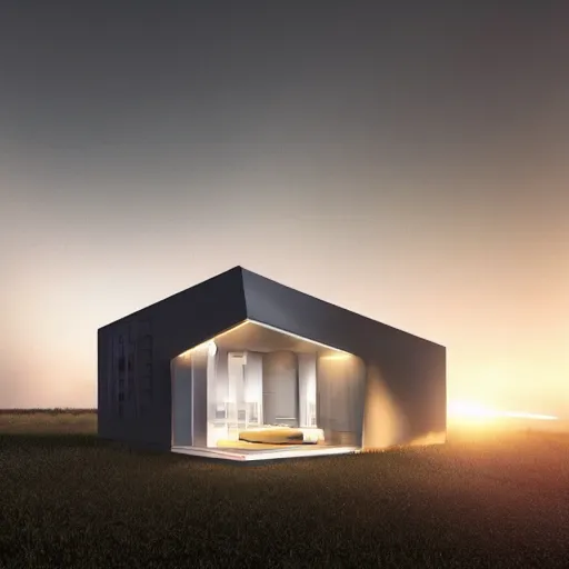 Image similar to a futuristic medium-sized home in the middle of an empty field, hyper-realistic, 4K resolution, dark cinematic, hyperrealism, volumetric lighting, ultra-detailed