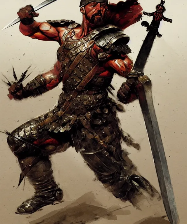 Image similar to muscular roman soldier with sword by simon bisley and greg rutkowski, full body armor! dynamic battle pose vivid color scheme