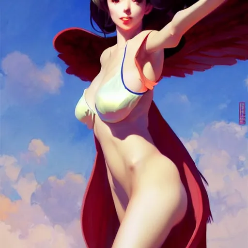 Prompt: greg manchess painting of anime woman, long wings, sorceress wand, soft lighting, trending on artstation, by huang guangjian and gil elvgren and sachin teng