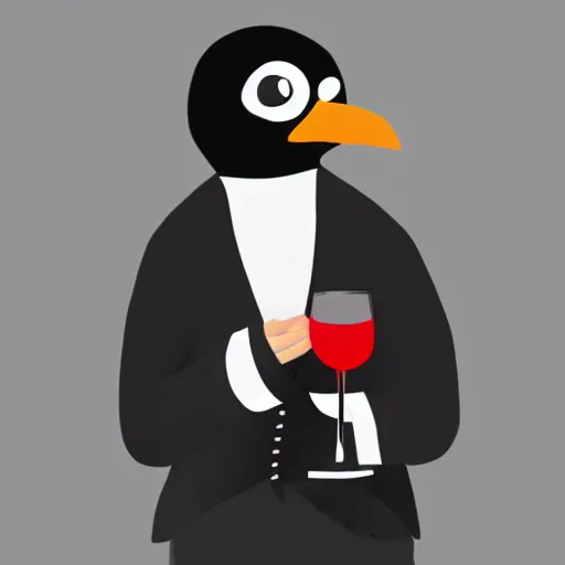 Prompt: a pingouin in a classy suit holding a cup of wine, digital art