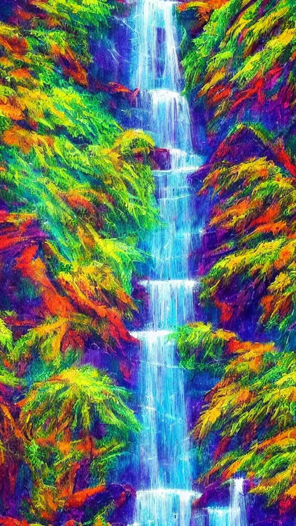 Image similar to high quality psychedelic waterfall background, painted with oil paints, hypperrealism, hd 4 k artstation