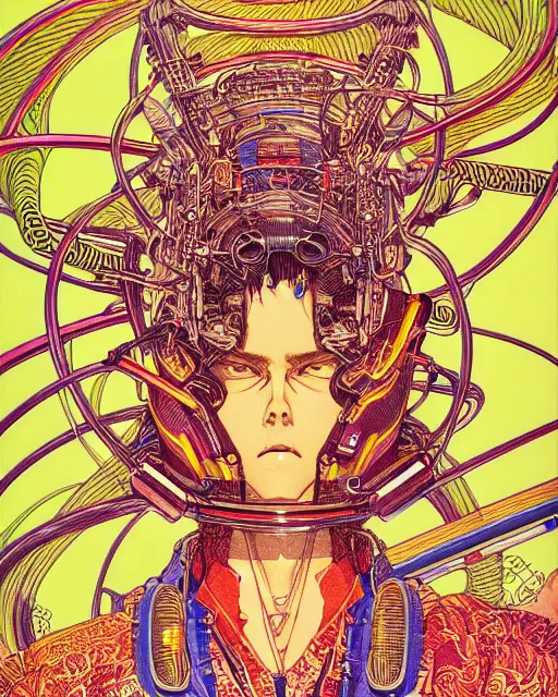 Prompt: hyper detailed illustration of a beat producer, intricate linework, lighting poster by moebius, ayami kojima, 9 0's anime, retro fantasy