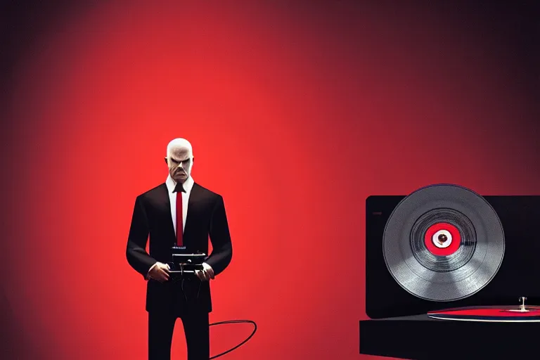 Image similar to a portrait of agent 4 7 from hitman wearing headphones and putting a vinyl record onto a turntable, dark background, red rim light, digital art, artstation, concept art by giger stalenhag