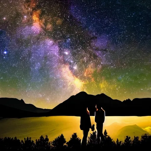 Image similar to a beautiful landscape showing mountains, stars and galaxies in the background. The silhouet of a young couple sits in the foreground