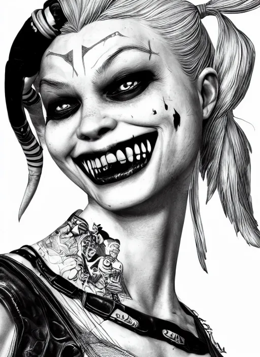 Prompt: highly detailed ink illustration of harley quinn, unreal engine, octane render, b & w clean shaped illustration by kim jung gi, ron english and eiichiro oda