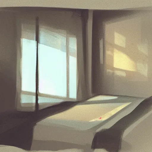 Prompt: hotel room, musty, ambient lighting, light shafts from window blinds, sun ray, dusty, moody, atmospheric, beautiful, abandoned room, motel room, artstation award, detailed, concept art, color sketch
