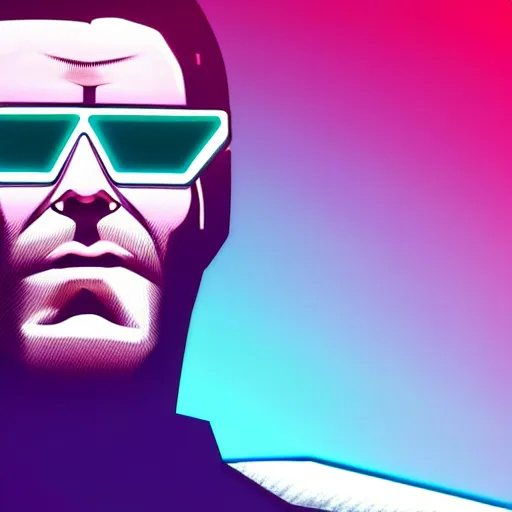 Image similar to 3 / 4 view closeup portrait of johnny silverhand from cyberpunk 2 0 7 7 with light blue shutter shades in front of a sunset, a dark purple leather jacket, vector art by jan tengnagel, pixabay contest winner, retrofuturism, retrowave, synthwave, outrun, portrait, synthwave