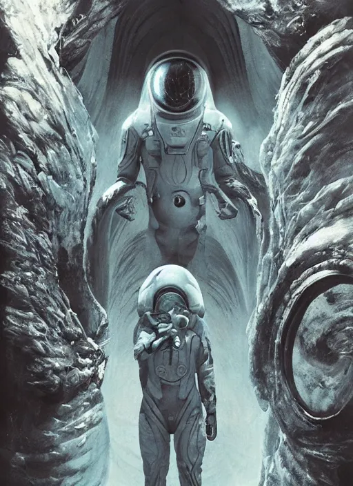 Image similar to astronauts alien in dark void underwater - complex and hyperdetailed technical suit. reflection and dispersion materials. rays and dispersion of light. volumetric light. f / 3 2. noise film photo. flash photography. ultra realistic, wide angle. poster by wayne barlowe, hajime sorayama aaron horkey, craig mullins