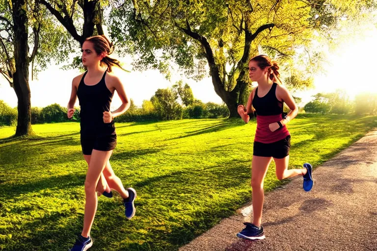 Image similar to emma watson run, ultra realistic!!!, hdr, clear weather, golden hour, sharp focus