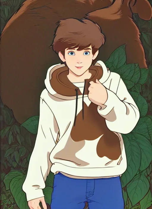 Image similar to teen boy with brown hair and big blue eyes, wearing a hoodie, fluffy white cat, natural lighting, path traced, highly detailed, high quality, cartoon, digital painting, by don bluth and ross tran and studio ghibli and alphonse mucha