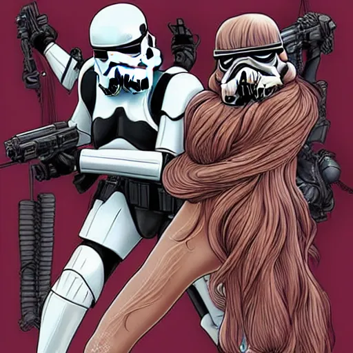 Image similar to 5 foot 1 0 fit man with short black beard and medium black well styled hair and a 5 foot 7 woman woman with long strawberry blonde hair with curly tendrils surrounding the face being captured by stormtroopers, highly detailed, high definition, ultra realistic