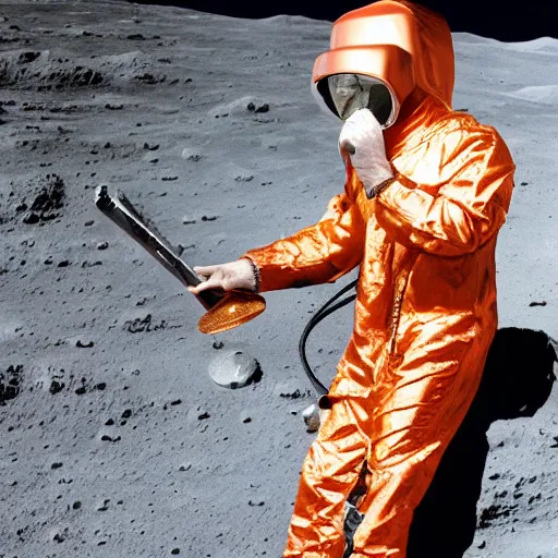 Image similar to a hard-hat suit/standard diving dress/copper hat equipment/ heavy gear holding a stratocaster electric guitar on the moon