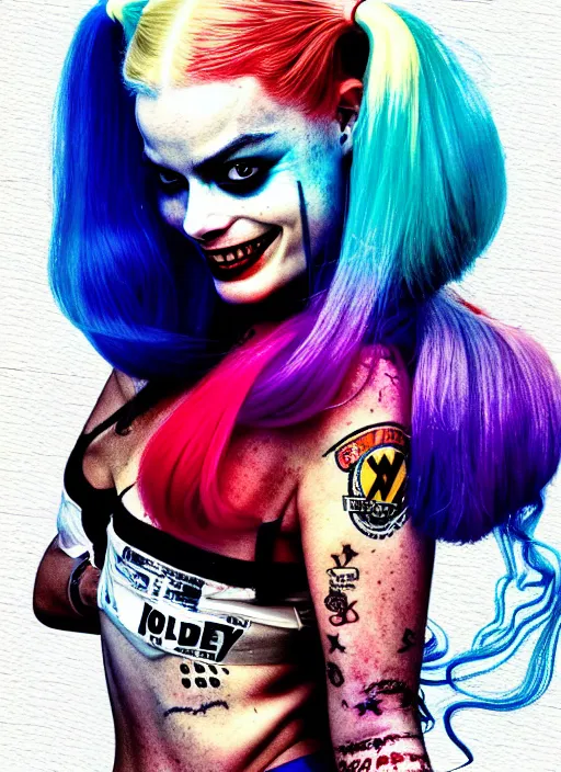 Image similar to 2 8 mm side portrait of beautiful suicide squad happy margot robbie with long white hair that looks like harley quinn, gotham city double exposure, angry frown, glamour pose, watercolor, style by simon bisley, jim lee, annie leibowitz