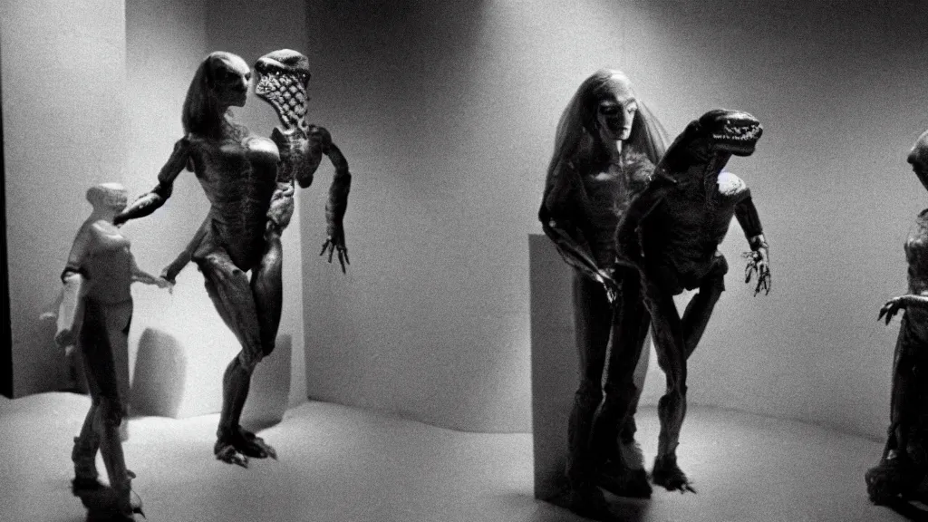 Image similar to movie scene of a Girl and a repetilian humanoid, reptil, reptilian, movie still, cinematic composition, cinematic light, criterion collection, reimagined by industrial light and magic, Movie by Andrzej Żuławski