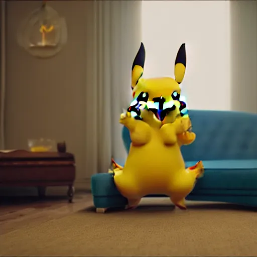 Image similar to Pikachu taking a bong rip on the couch, unreal engine 5, octane render, cgsociety, living room interior, soft lighting, ray tracing,