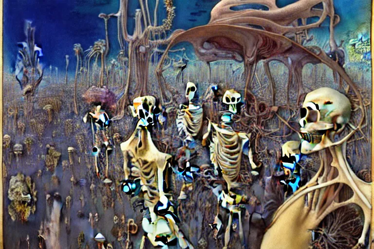 Image similar to realistic detailed portrait painting of a skeleton in a crowded futuristic street by Jean Delville, Amano, Yves Tanguy, Alphonse Mucha, Ernst Haeckel, Edward Robert Hughes, Roger Dean, rich moody colours, blue eyes