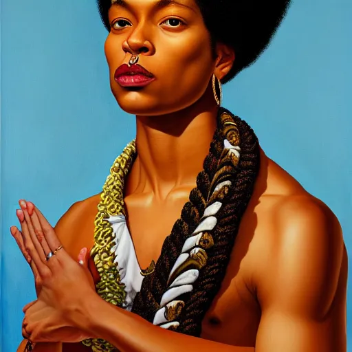 Image similar to A portrait of a thin trendy and gorgeous non-binary person, light skin tone, Maori people, oil painting by Kehinde Wiley, majestic, detailed, high resolution