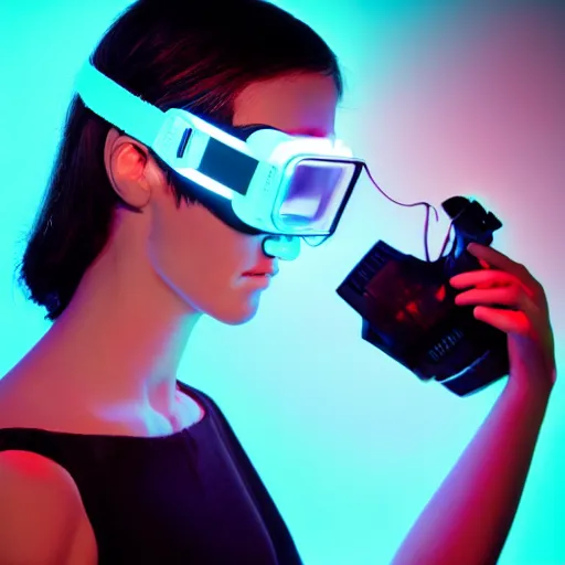 Image similar to photo of young woman, close up, wearing cyberpunk vr goggles, robotic implants over face with small led lights, white background, fine art photography in the style of Bill Henson