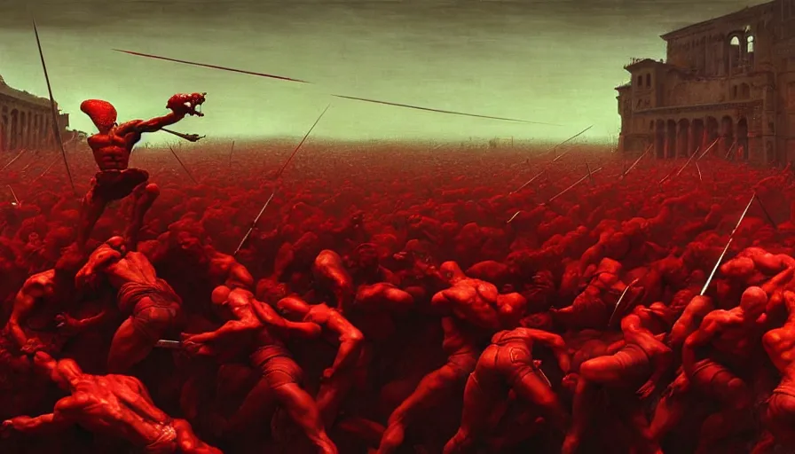 Image similar to only with red, bloody armored gladiator battle in a crowded roman amphitheatre, crowd cheering, in the style of beksinski and edward hopper and rodcenko and yue minjun and greg rutkowski, intricate and epic composition, red by caravaggio, highly detailed, masterpiece, red light, artstation, art nouveau