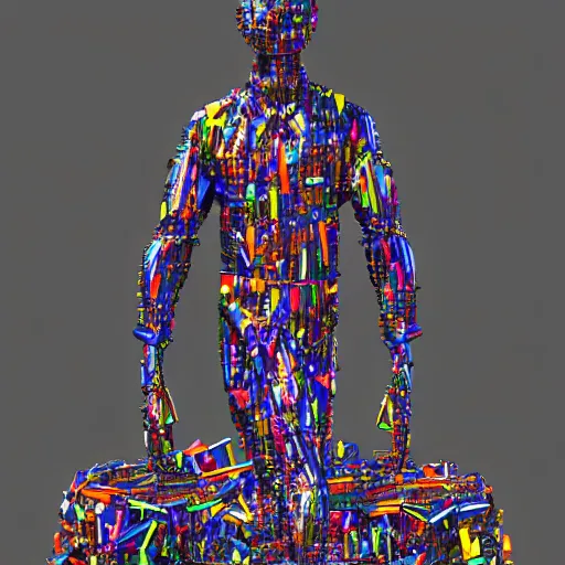 Image similar to statue of man made of many colorful welded metal pieces, 8K, digital art, award winning