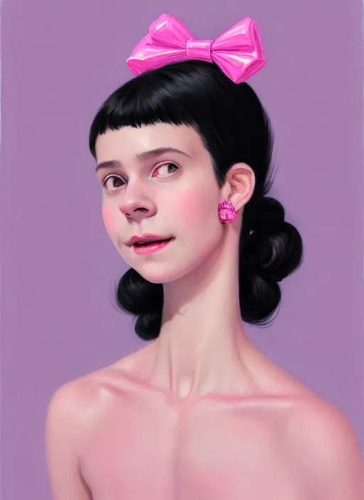 Image similar to portrait of teenage girl, realistic, black hair, bangs, half updo hairstyle, pointy nose, skinny, smile, ugly, defined jawline, big chin, pink hair bow, earrings, intricate, elegant, glowing lights, highly detailed, digital painting, artstation, sharp focus, illustration, art by wlop, mars ravelo and greg rutkowski