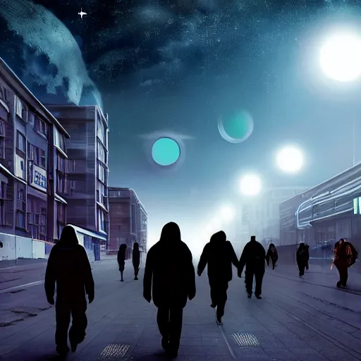 Image similar to diverse people walk past plasma vehicles, long shadows, back from work in a Russian cyberpunk city called Neo Norilsk on the Moon, pitch black sky with stunning bright stars, bright sun, diverse, lively, black sky full of stars, blinding bright sun, sci-fi, lots of flying cars, levitation, cyberpunk outfits, photorealistic, grainy, 35mm, intricate, very very beautiful, elegant, smooth, cinematic, Unreal Engine 5, by Beeple, trending on Artstation HD