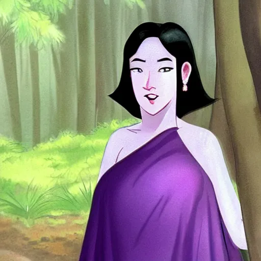 Image similar to zi di had a head of curvy black hair, and her pale skin glistened with sweat, giving her a delicate appearance. her features were defined, and she had a beautiful smile beyond the ordinary. she had a slim body. the most attractive part of her was her big, purple eyes, shining like clear amethyst.