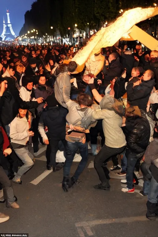 Prompt: the citizens of Paris start a riot and roll a giant fondue onto champs elysees